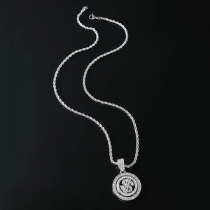 Pendentif dollar tournant serti de diamants avec chaîne torsadée argentée style hip hop