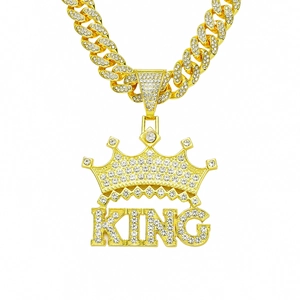 Hip Hop KING Letter Crown Pendant Necklace Men Iced Out Rhinestone Alloy Cuban Link Chain Gold Silver Streetwear Jewelry