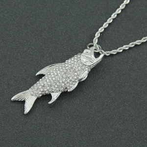 Hip hop style silver fish pendant necklace with sparkling rhinestones on rope chain