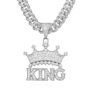 Hip hop iced out KING pendant necklace with crown design and thick Cuban link chain