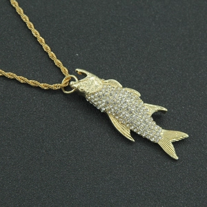 Hip hop style gold fish pendant necklace with sparkling rhinestones on rope chain