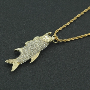 Hip hop style gold carp pendant necklace with pavé crystal rhinestones on rope chain