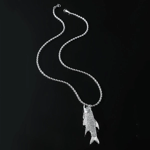 Hip hop silver fish pendant necklace with iced-out crystals and twisted rope chain