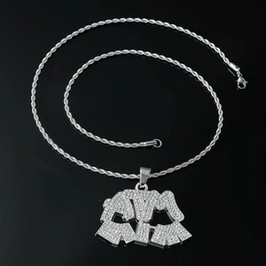 Close-up of iced out GWA letter pendant with silver rope chain and lobster clasp details