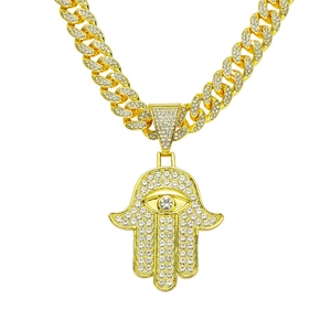 Collier Homme Hip Hop Avec Pendentif Main De Fatma Et Mauvais Œil En Alliage Plaqué Or Argent Sertissage Strass Chaîne Cubaine