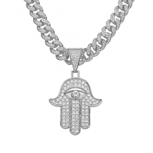 Collier Hamsa Hand hip hop argenté avec chaîne cubaine glacée et pierre d'œil maléfique