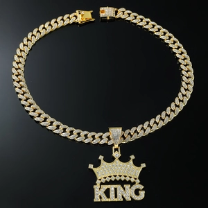Hip hop gold KING crown pendant necklace with iced out rhinestones on cuban link chain