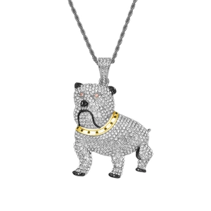 Hip hop bulldog hanger ketting met fonkelende zirkonia en zilveren getordeerde ketting
