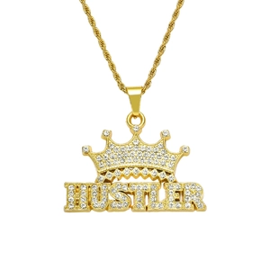 Hip Hop Hustler Letter Crown Pendant Necklace For Men Women Zinc Alloy Iced Out Rhinestone Stainless Steel Rope Chain Jewelry