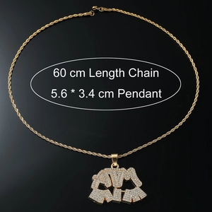 Hip hop gold twist chain necklace with iced out pave diamond letter pendant and 60cm length