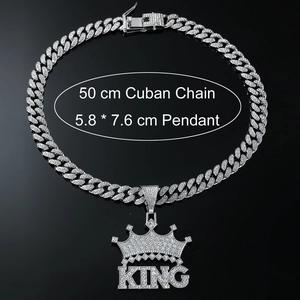 Hip hop silver Cuban chain with diamond KING crown pendant, 50cm necklace for men