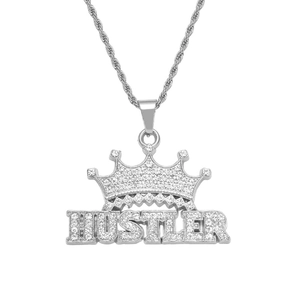 Hip-hop crown HUSTLER pendant necklace with full iced out zircons and twisted rope chain
