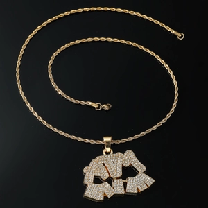 Hip-hop gold rope chain necklace featuring a large iced-out rhinestone letter pendant