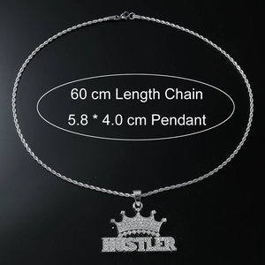 Close-up of iced out HUSTLER letter pendant with crown and 60cm silver rope chain