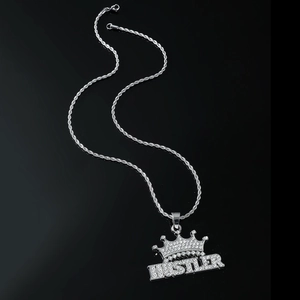Silver hip hop necklace with iced out crown and HUSTLER letter pendant on rope chain