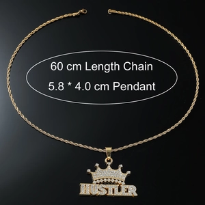 Hiphop gold rope chain with HUSTLER letter crown pendant iced out in white zircons