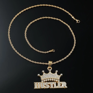 Gold plated hip hop necklace with crown hustler pendant and iced out rhinestones
