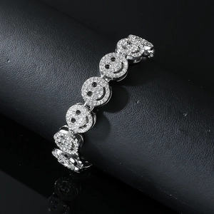 Hip hop silver smiley face bracelet with full sparkling crystals on black display