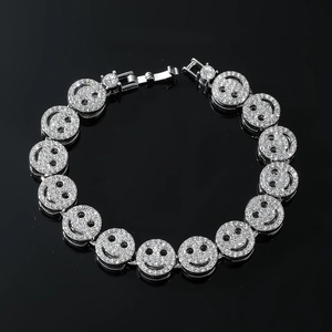 Mens silver iced-out cuban chain necklace with rhinestone paved smiley face links