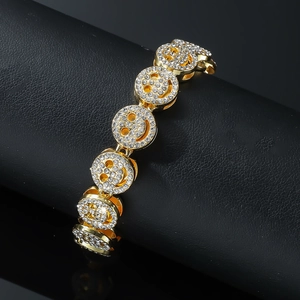 Iced out gold plated Cuban link bracelet with sparkling smile face charms for men