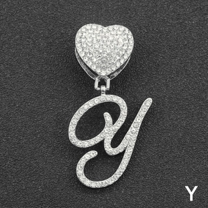 Hip hop silver Y letter pendant with heart clasp and crystal rhinestones on black background