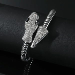 Detail eines silbernen Schlangenarmbands mit funkelnden Strasssteinen und schwarzen Augen
