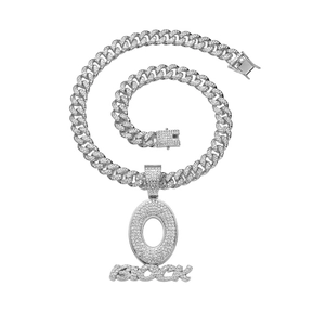 Iced out O-Block letter pendant necklace with silver plated pavé Cuban link chain