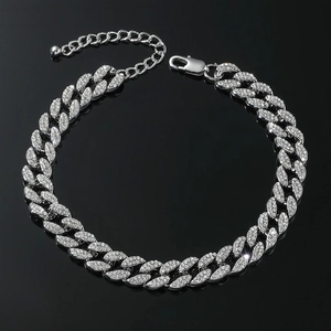 Sparkling silver iced out Cuban link anklet with crystals and adjustable lobster clasp