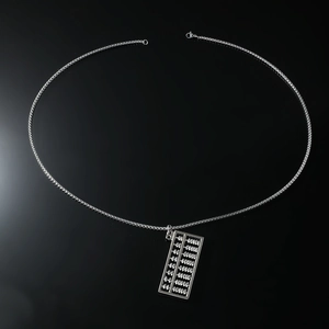 Silver abacus pendant necklace with movable beads on thick link chain over black background