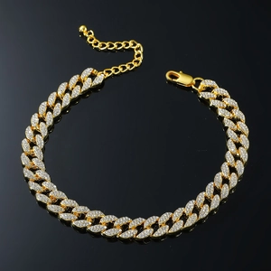 Luxury gold hip-hop Cuban link anklet with full diamond rhinestones and lobster clasp