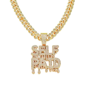 Hip-hop gold Cuban link necklace with large iced-out SELF PAID drip pendant