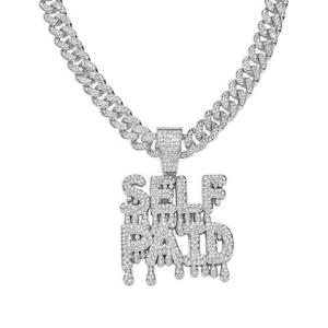 Hip-hop silver Cuban link necklace with iced-out 'SELF PAID' dripping letter pendant