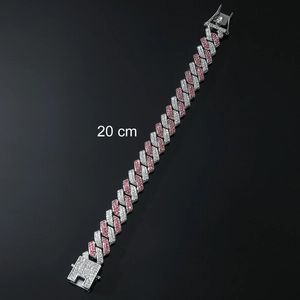 Bracelet gourmette à strass blancs et roses, style hip-hop argenté, longueur 20 cm