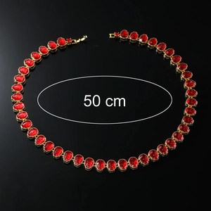 Iced out gold chain necklace with red crystal skulls, luxury hip-hop jewelry 50cm length
