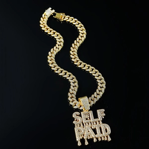 Hip hop gold Cuban link necklace with iced out SELF PAID letter pendant for street style