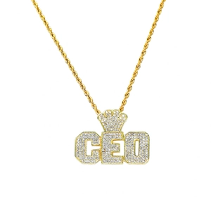 Collier hip hop doré avec pendentif couronne CEO serti de strass et chaîne torsadée