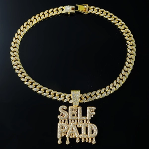 Hip Hop Iced Out Self Paid Dripping Letter Pendant Necklace Alloy Rhinestone Bling Cuban Link Chain For Men Party Jewelry