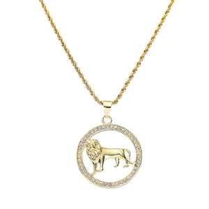 Hip hop style gold plated lion pendant necklace with sparkling zircon pavé on rope chain