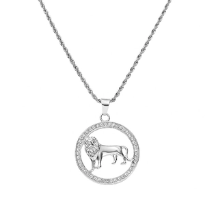 Iced out silver lion medallion pendant necklace with sparkling stones on rope chain