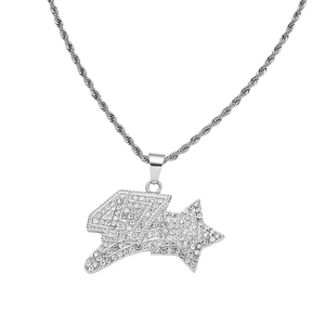 Pendentif Hip hop 47 argent avec étoile et chaîne torsadée pour homme sertie de strass