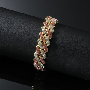 Bracelet Cuban Link hip hop avec diamants roses et blancs sertis sur or