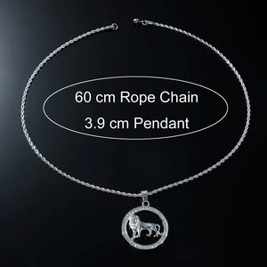 Detail shot of a 60cm rope chain with a 3.9cm diamond-set lion pendant in silver