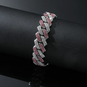 Bracelet cubain en argent style hip hop avec diamants rouges et blancs sur cuir noir