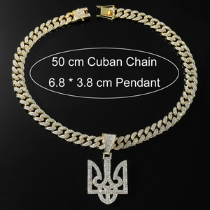 Hip hop iced out Cuba chain necklace with Ukraine trident pendant for men, 50cm gold finish