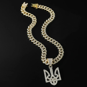 Iced-out gold Cuban link necklace with Ukraine Trident symbol pendant for hip-hop style