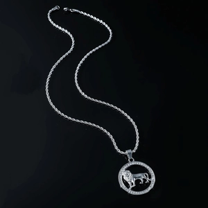 Silver lion pendant necklace with iced-out crystals and twisted rope chain detail