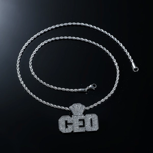 Collier pendentif couronne CEO argent hip-hop avec strass brillants et chaîne corde