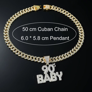 Detail of gold iced-out 90'S BABY pendant with 50cm Cuban link chain dimensions