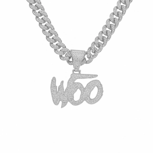 Hip-hop iced out WOO letter pendant necklace with sparkling rhinestones on Cuban link chain