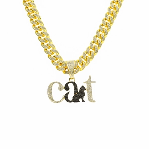 Collier chaîne cubaine dorée hip hop avec pendentif CAT serti de diamants et chat noir